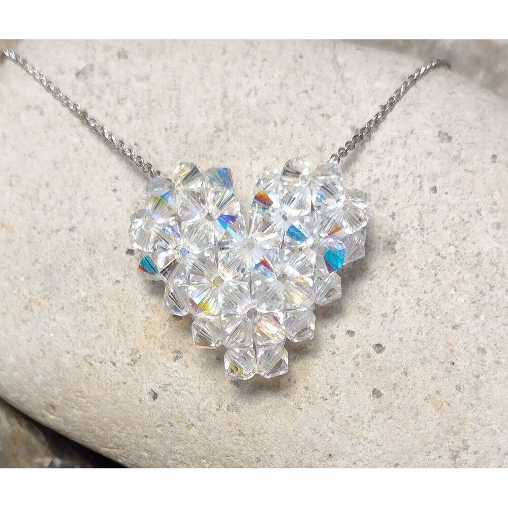 Sterling Silver 925 SS Aurora Borealis Crystal Beaded Puffy  Heart Necklace